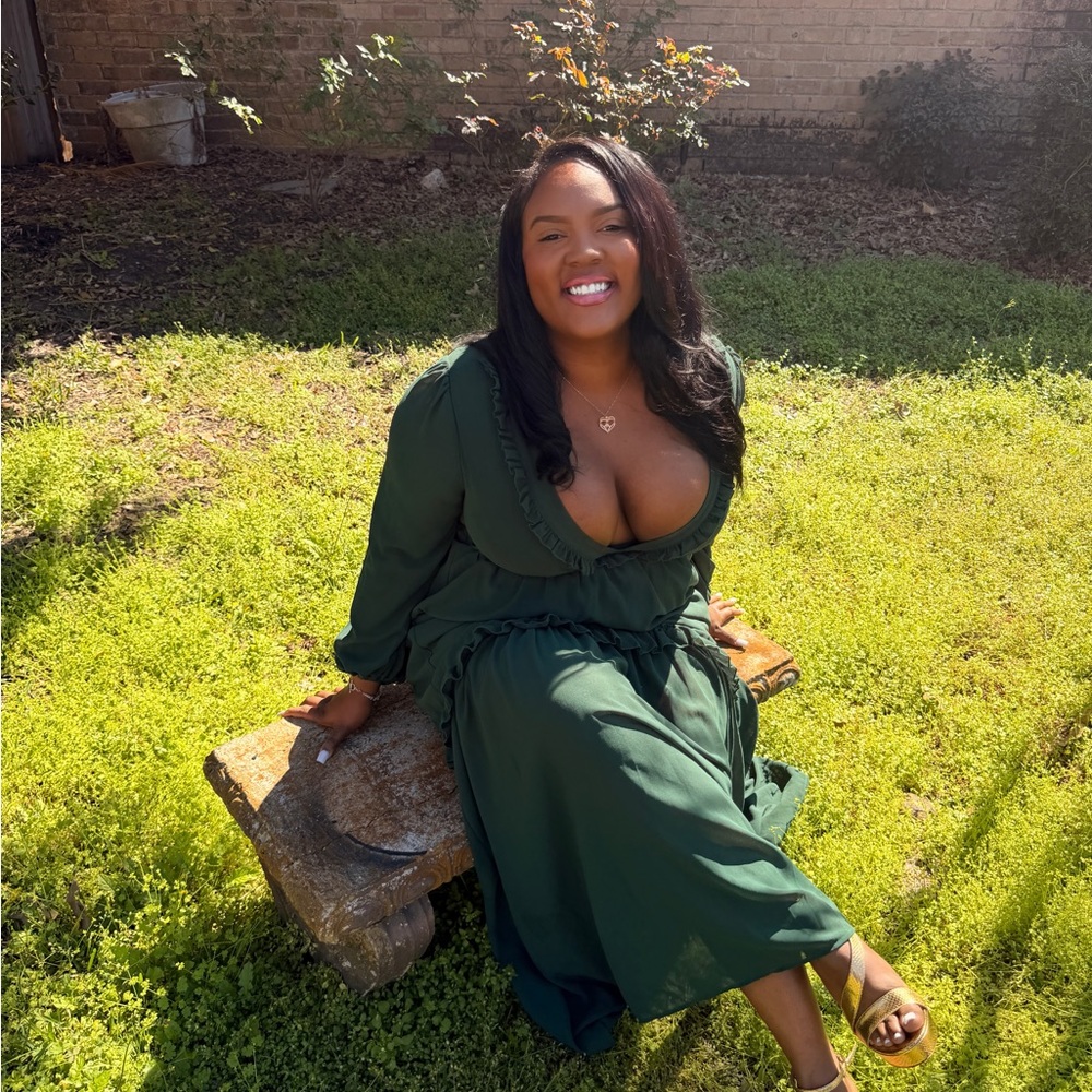 Trendy boutique Forest Green V-Neck Ruffle Maxi Dress